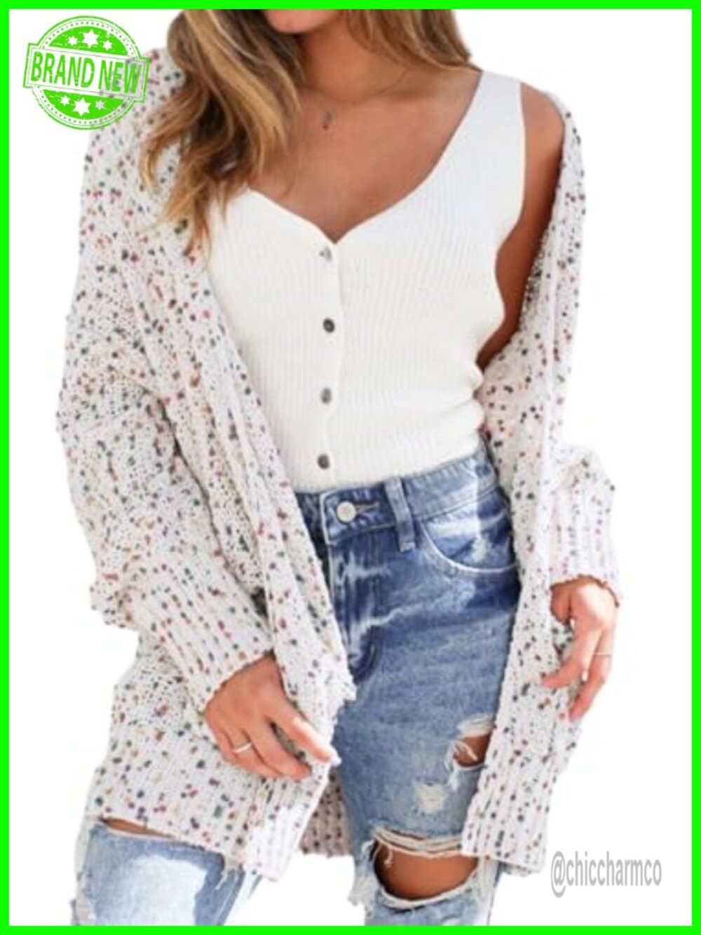 Open Front Polka Dot Cardigan Sweater Loose Fit Ribbed Knit Long Sleeve